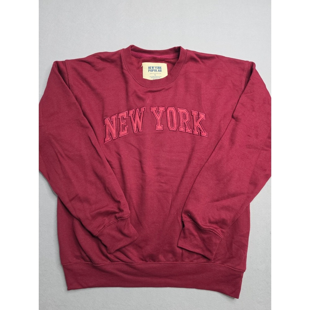 New York Popular‎ Sweatshirt Men's Large Maroon Embroidered Logo Fleece Lined